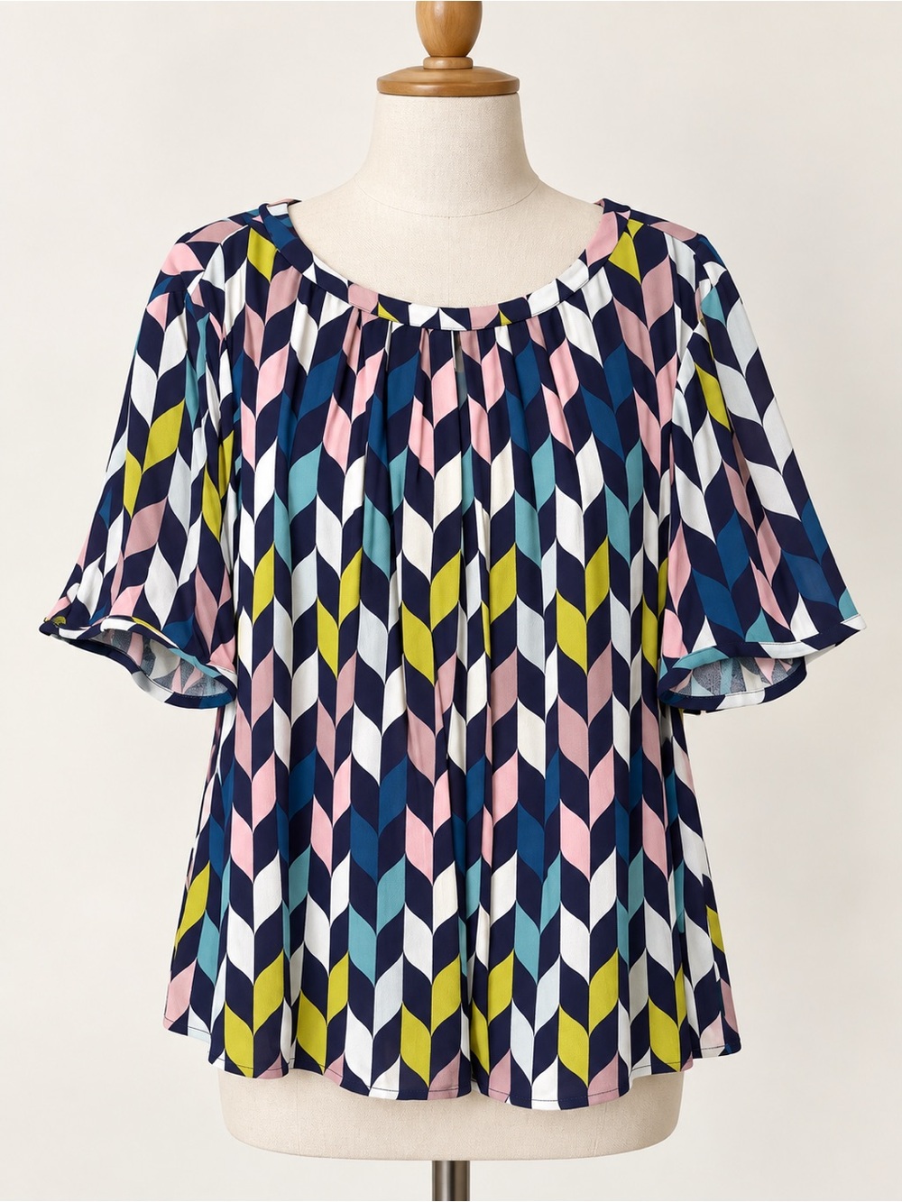 Boden Geometric Print Flutter Sleeve Blouse — Navy, Pink & Lime